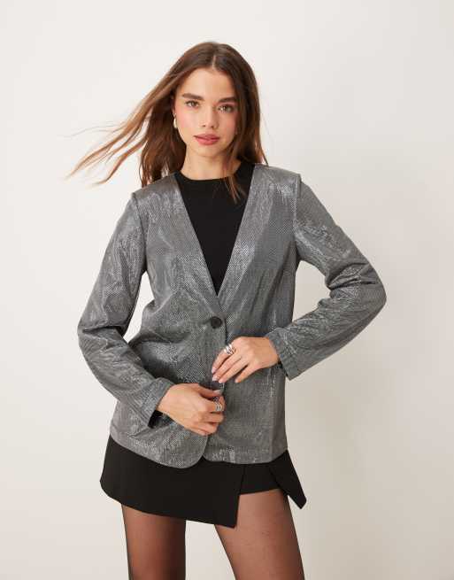 JDY collarless blazer in metallic silver