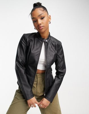 JDY collarless faux leather jacket in black | ASOS