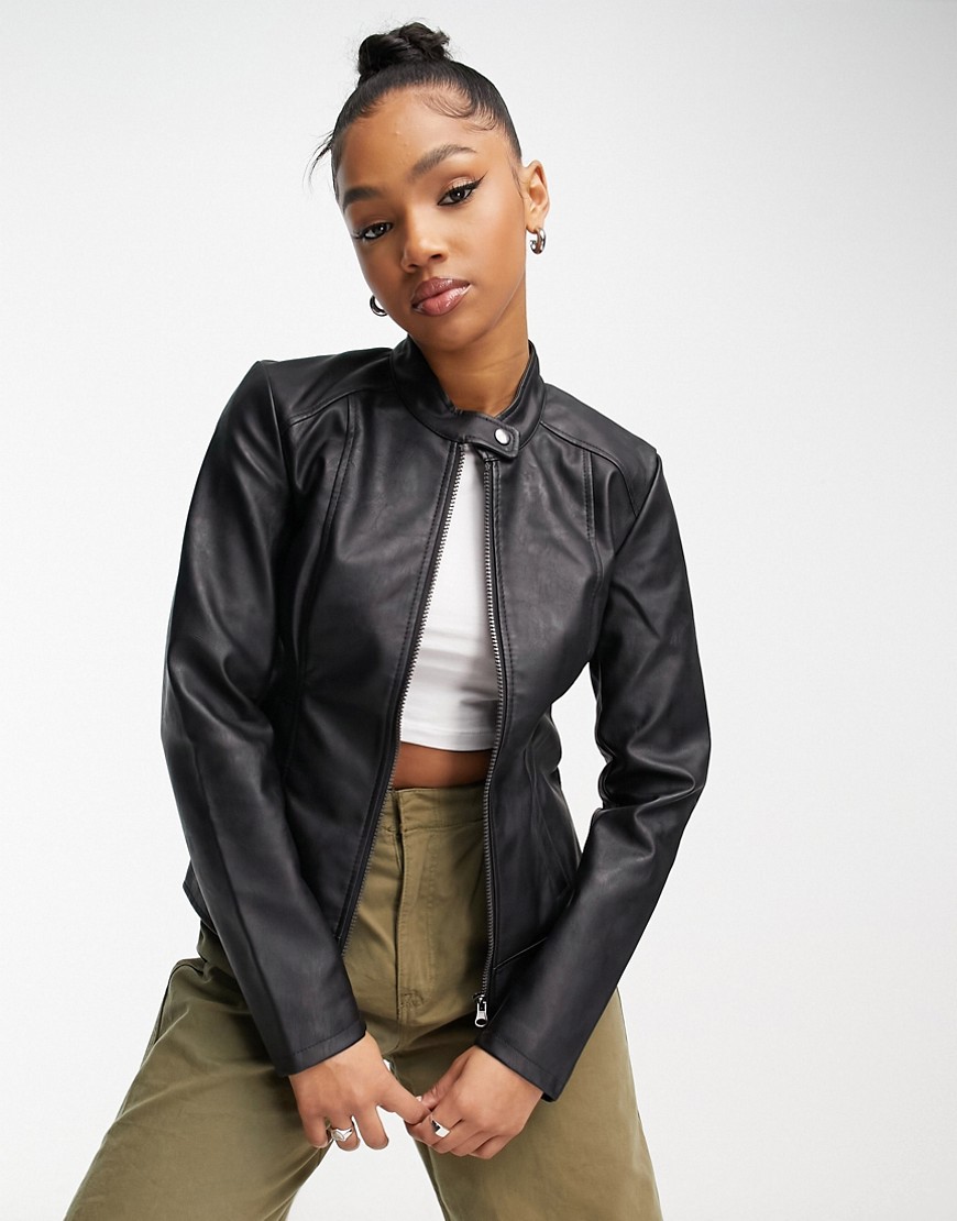 JDY collarless faux leather jacket in black