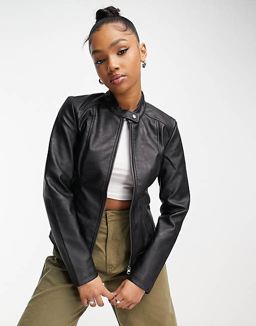 JDY collarless faux leather jacket in black | ASOS