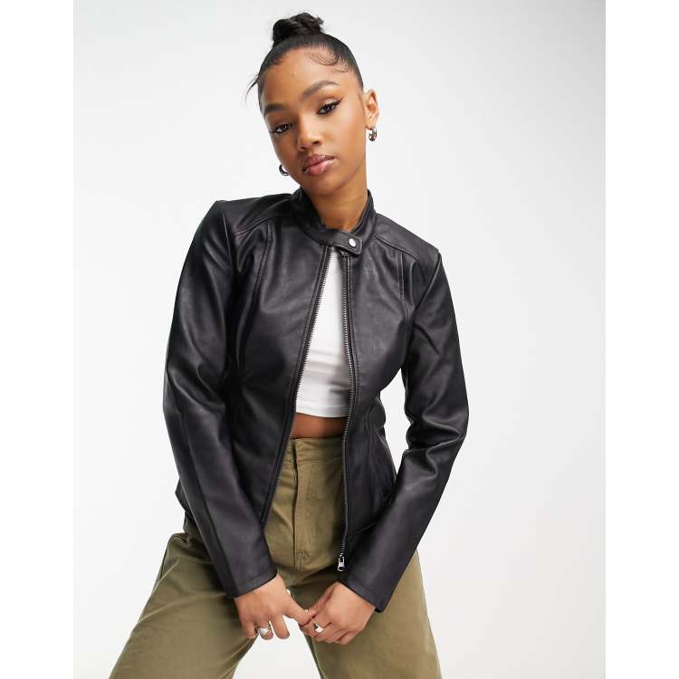 Black collared leather jacket sale