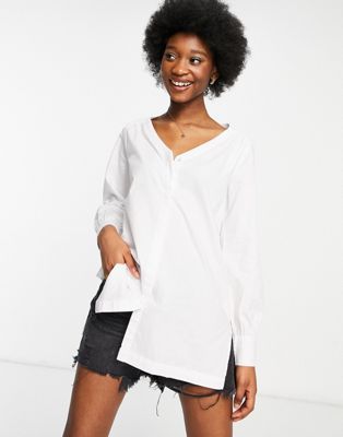 JDY collarless shirt with shoulder gather in white - ASOS Price Checker