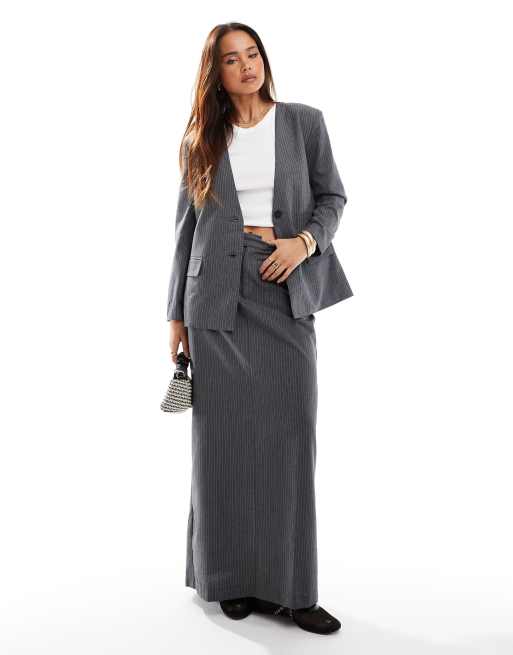 JDY tailored blazer maxi skirt set in gray pinstripe ASOS