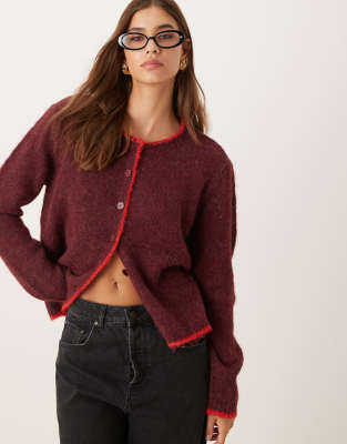 JDY contrast hem detail cardigan in burgundy-Red