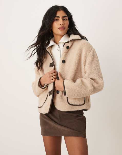 JDY contrast trims teddy jacket in cream - view 1