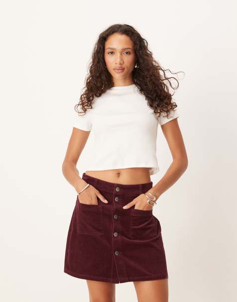 JDY cord button through mini skirt in burgundy - view 1