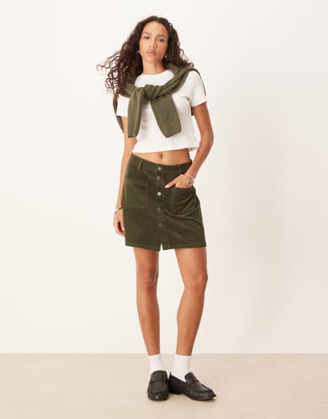 JDY cord button through mini skirt in khaki - view 1