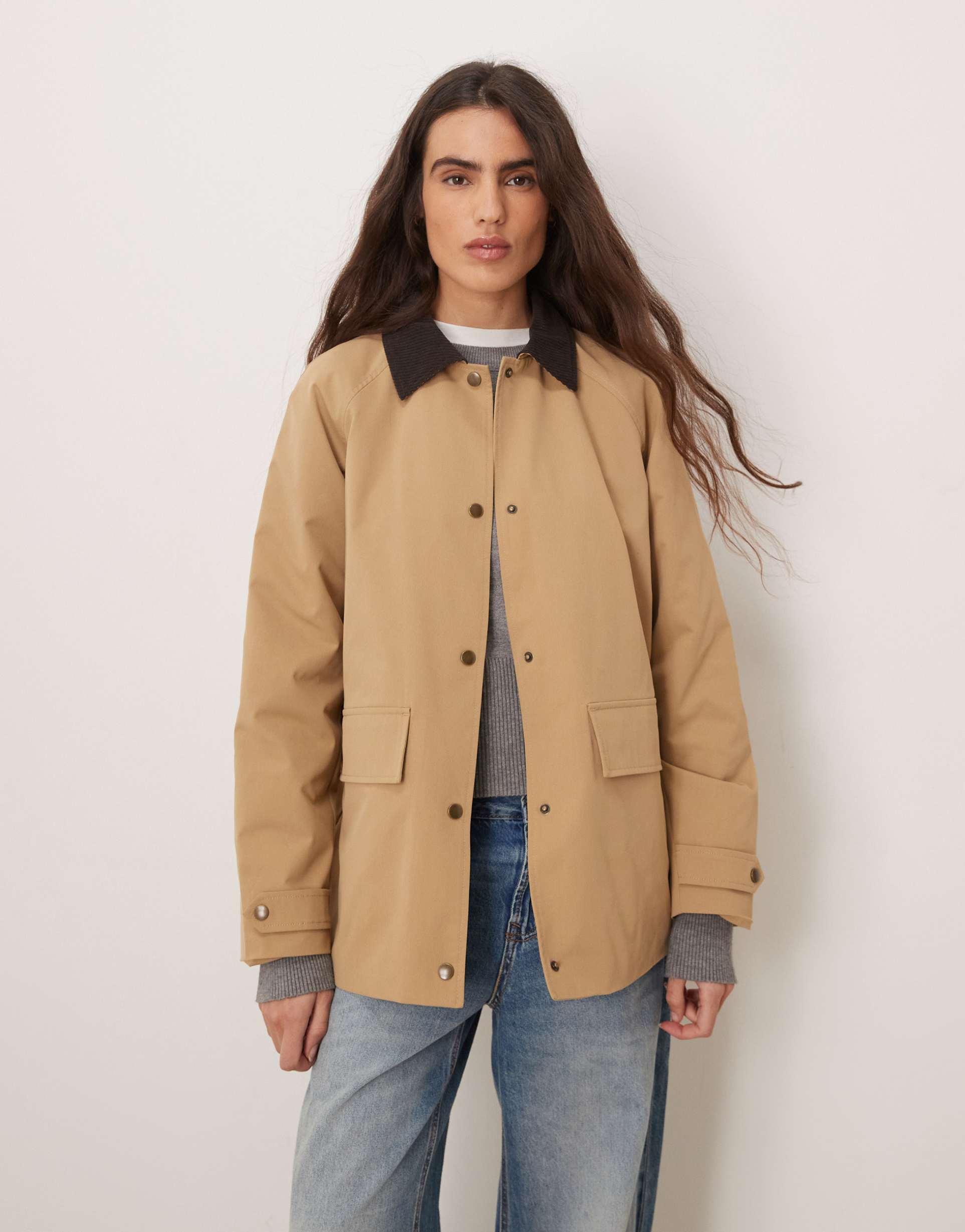 jdy cord collar barn jacket in light brown