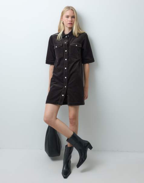 JDY cord shirt dress in brown - view 1