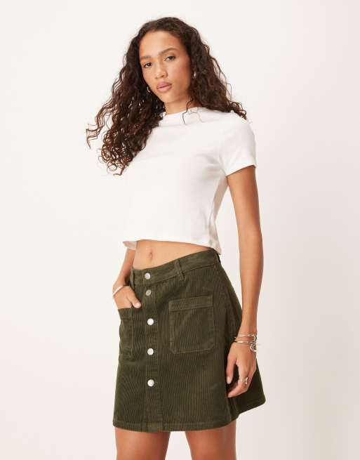 JDY corduroy button up mini skirt in khaki green | ASOS