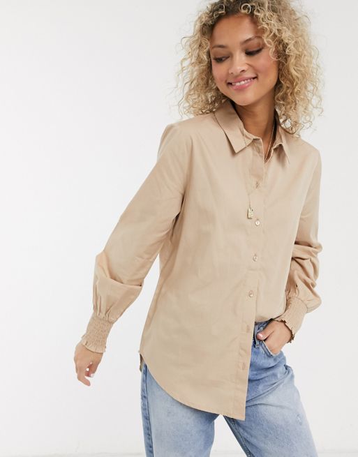 JDY cotton shirt with smocked sleeves in beige | ASOS