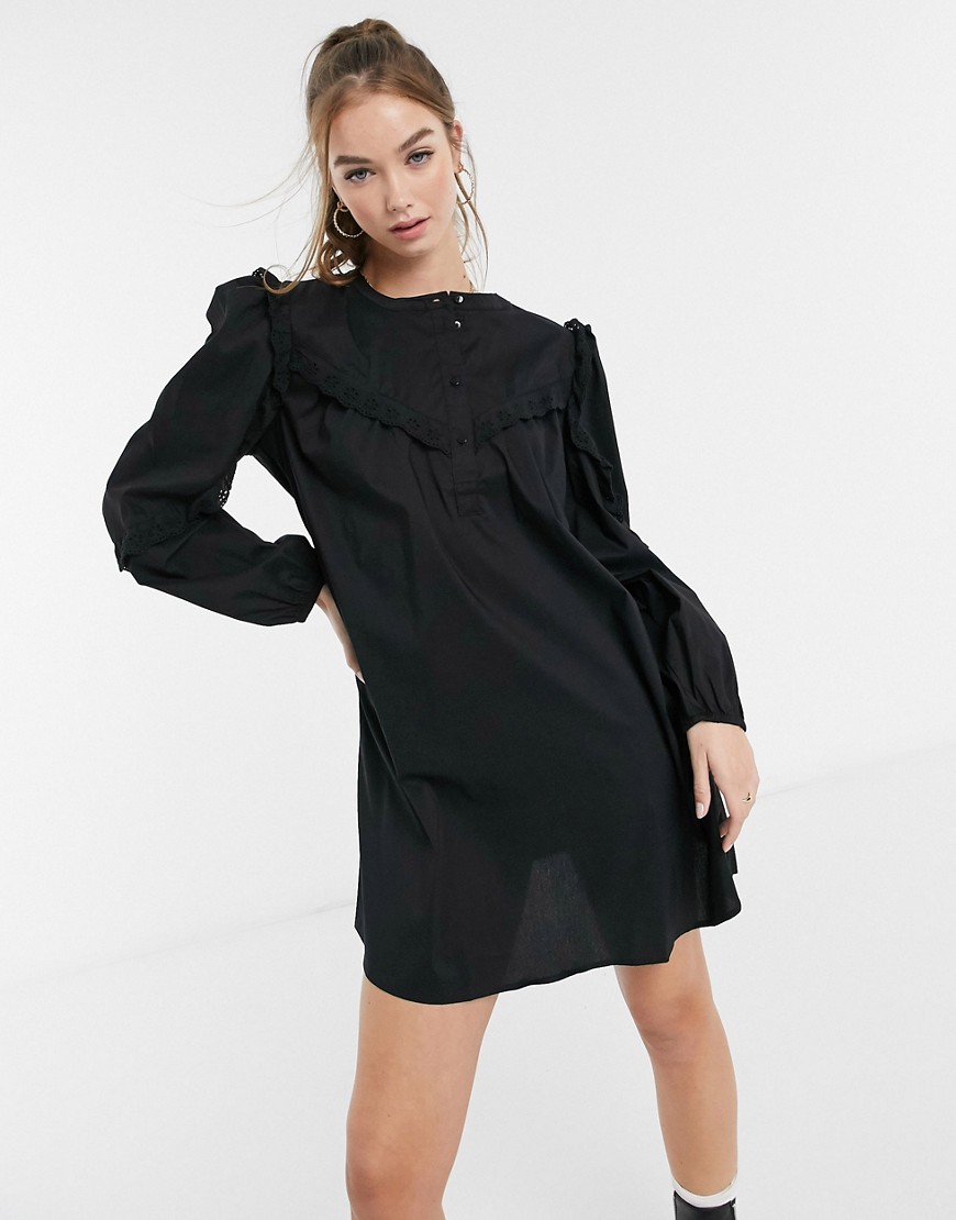 JDY cotton smock mini dress with frill detail in black