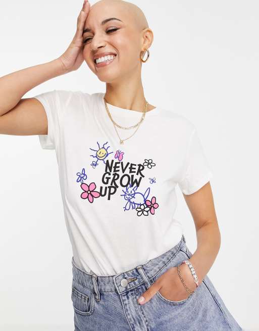 JDY cotton t-shirt with 'never grow up. It's a trap' motif in white - WHITE