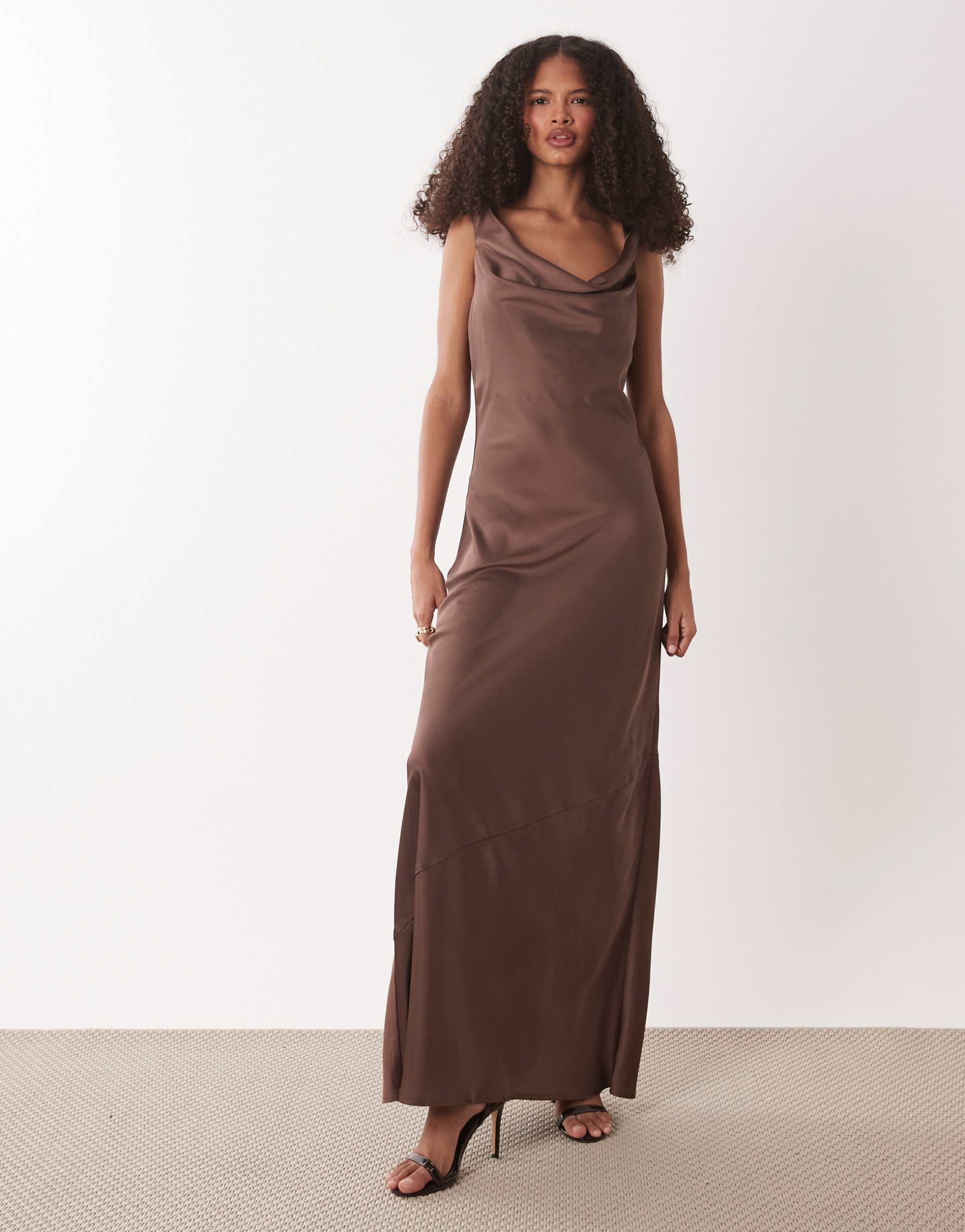 jdy cowl neck satin maxi dress in brown