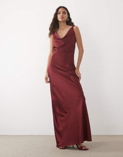 JDY cowl neck satin maxi dress in burugndy, 2 of 4