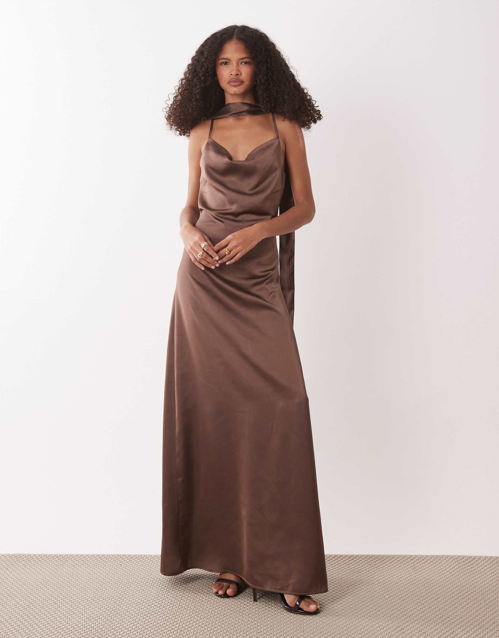 jdy cowl neck satin maxi dress with open back and scarf in brown
