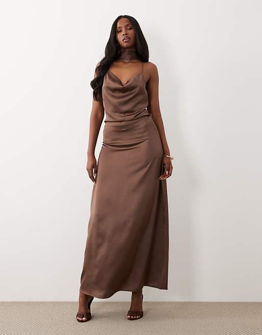 brown silk maxi dress Lisa Dress, in Chocolate Luxe Satin, Size: Large | Show Me Your Mumu Front split Anderson Maxi Dress, in Chocolate