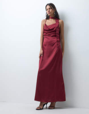Jdy Cowl Neck Satin Maxi Dress With Open Back And Scarf In Red