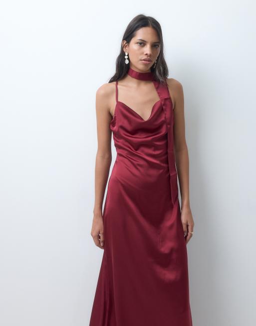JDY cowl neck satin maxi dress with open back and scarf in burgundy, 2 of 4