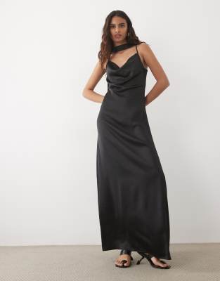 Jdy Cowl Neck Satin Maxi Dress With Open Back And Scarf In Black