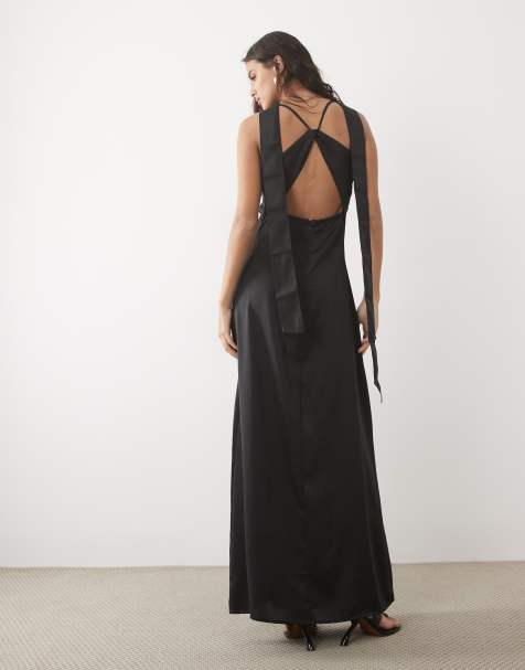 JDY cowl neck satin maxi dress with open back and scarf in charcoal - view 1