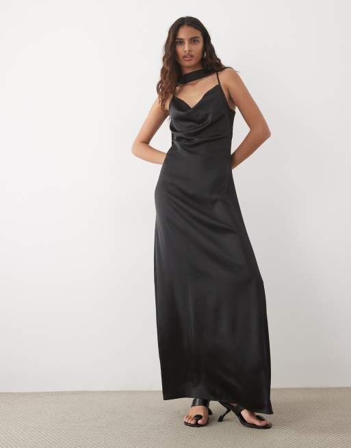 JDY cowl neck satin maxi dress with open back and scarf in charcoal, 4 of 4