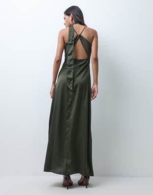 Jdy Cowl Neck Satin Maxi Dress With Open Back And Scarf In Green