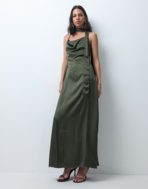 JDY cowl neck satin maxi dress with open back and scarf in deep green, 3 of 4