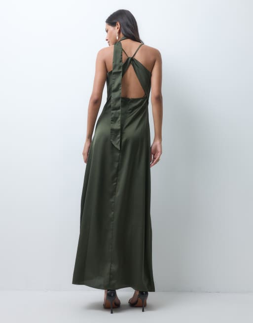JDY cowl neck satin maxi dress with open back and scarf in deep green, 4 of 4