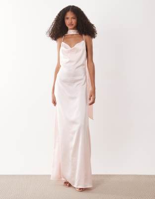 Jdy Cowl Neck Satin Maxi Dress With Open Back And Scarf In Pink