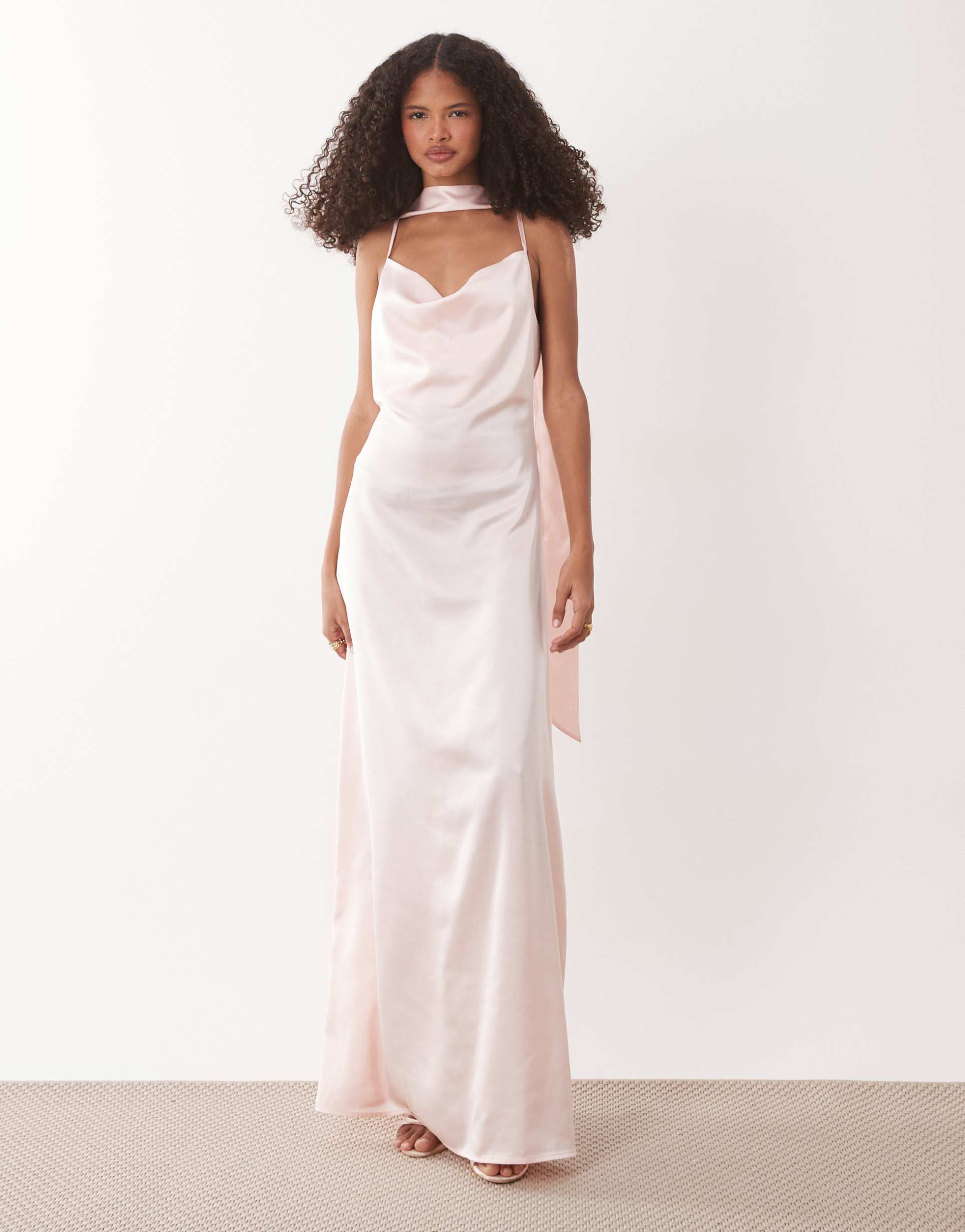 jdy cowl neck satin maxi dress with open back and scarf in light pink