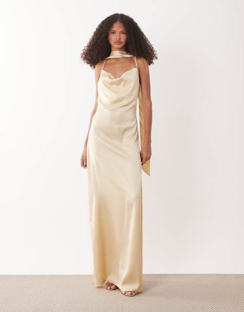 JDY cowl neck satin maxi dress with open back and scarf in pale lemon - view 1
