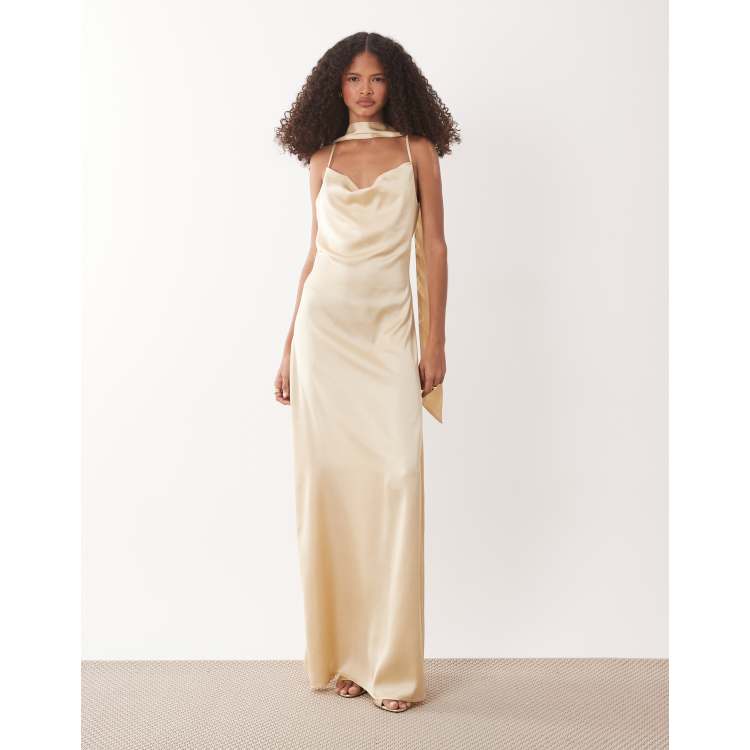 JDY cowl neck satin maxi dress with open back and scarf in pale lemon | ASOS