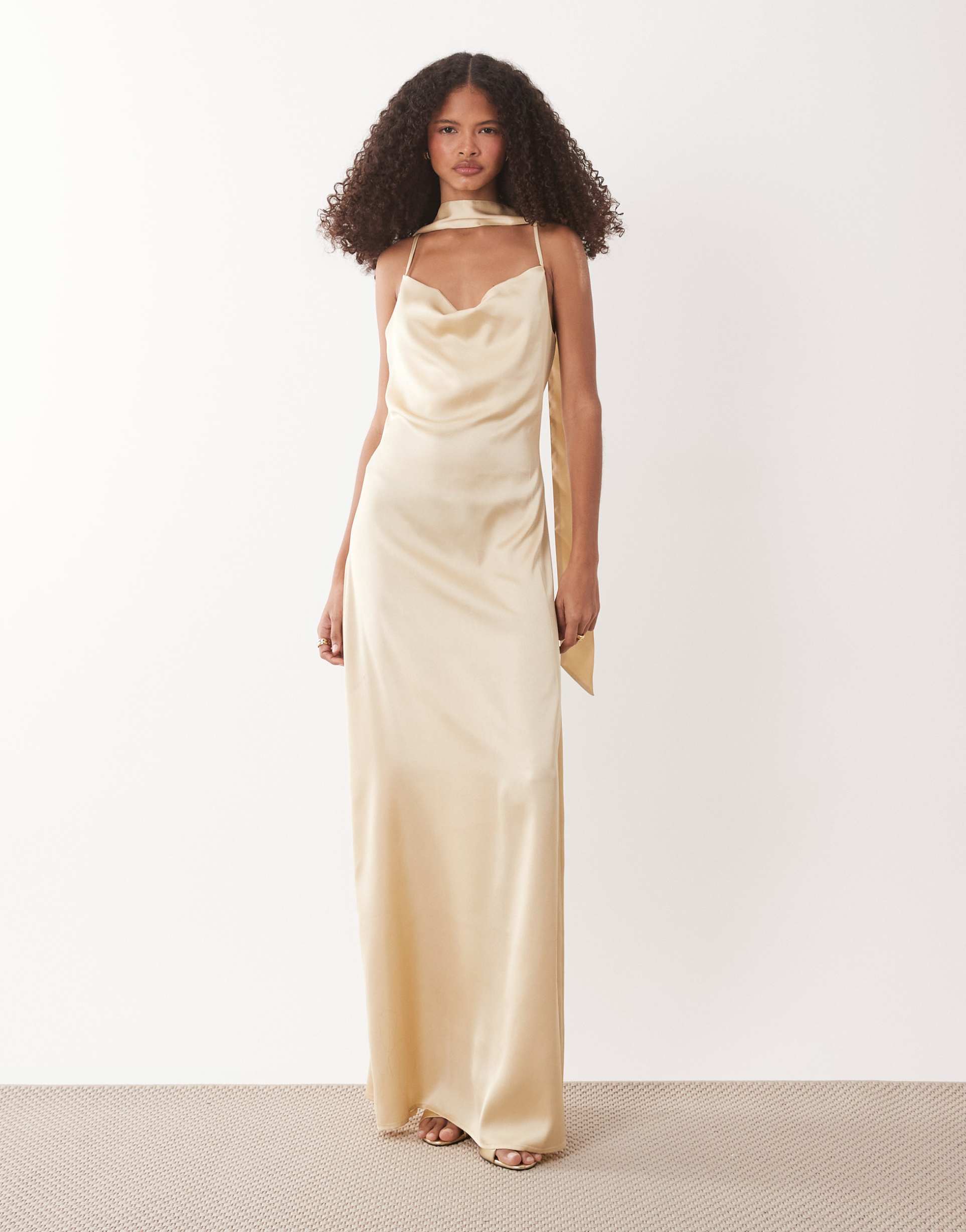jdy cowl neck satin maxi dress with open back and scarf in pale lemon