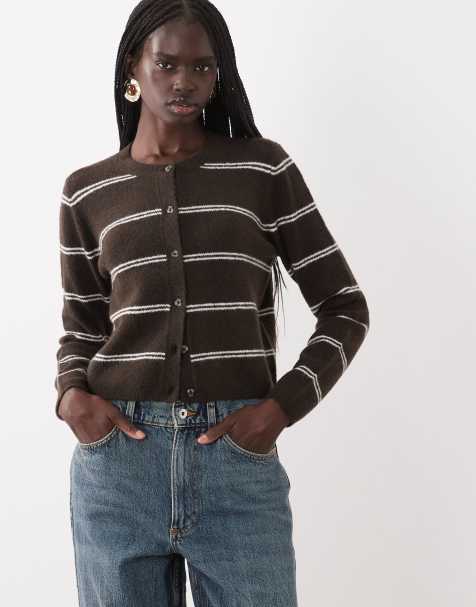 JDY crew neck cardigan in brown and grey stripe - view 1