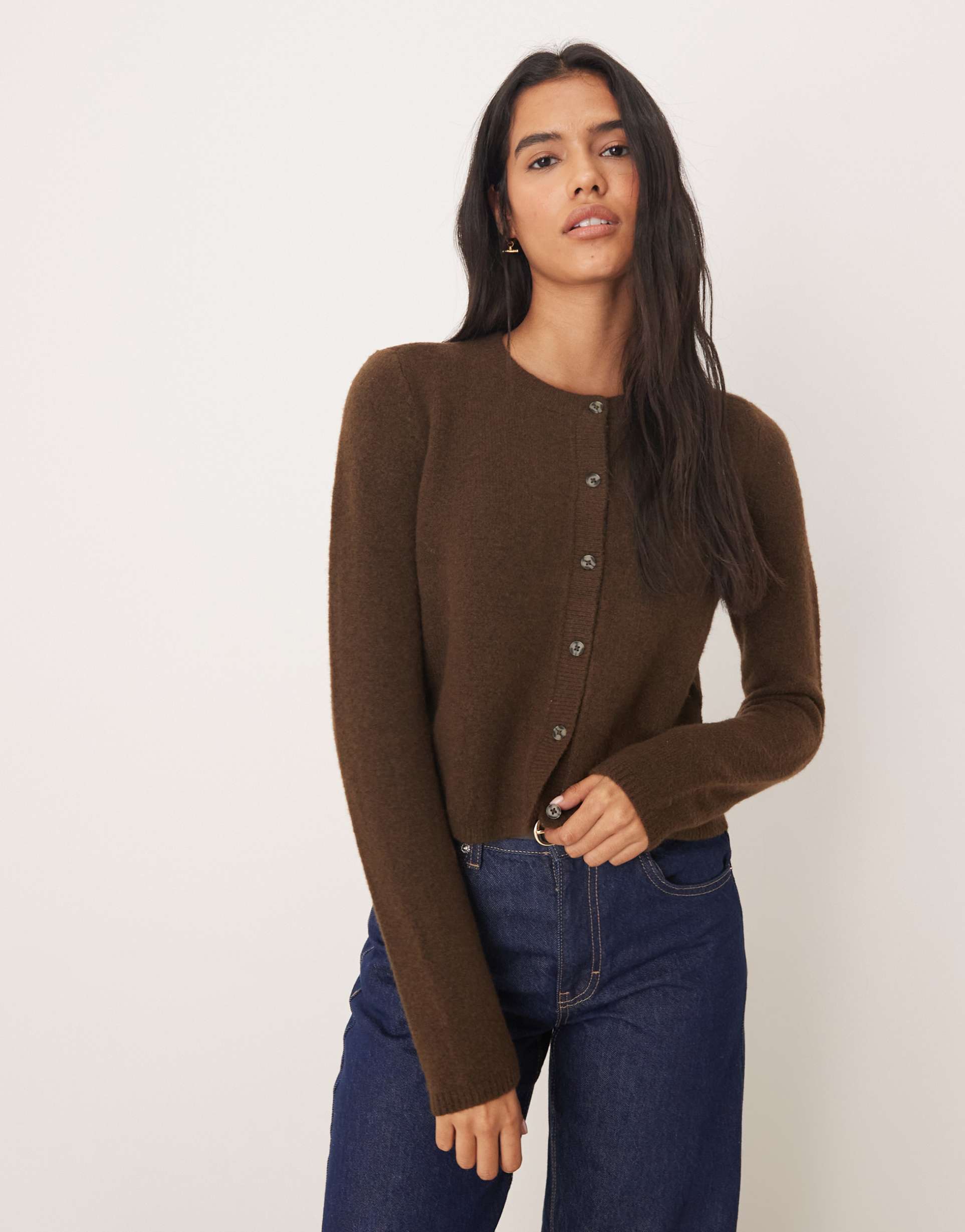 jdy crew neck cardigan with wool in dark brown