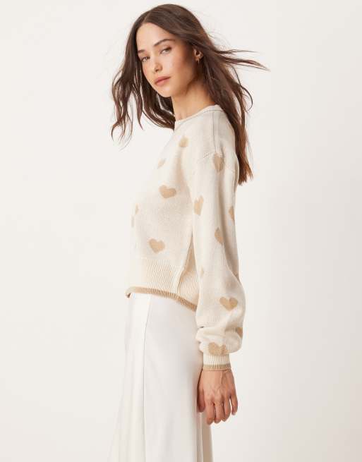 JDY crew neck heart knitted sweater in beige | ASOS