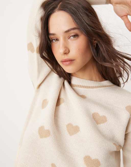 JDY crew neck heart knitted sweater in beige | ASOS