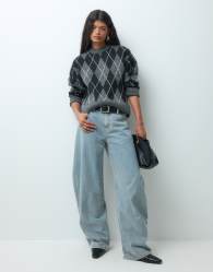 JDY crew neck jumper in charcoal argyle