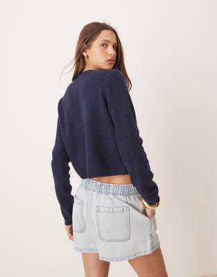 Jdy Crew Neck Wool Blend Cardigan In Navy