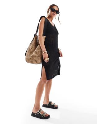 jdy crochet beach midi dress in black