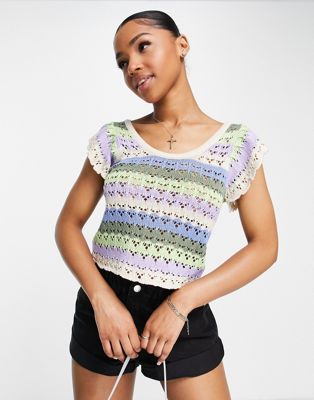 JDY crochet knit ruffle sleeve top in pastel stripe | ASOS