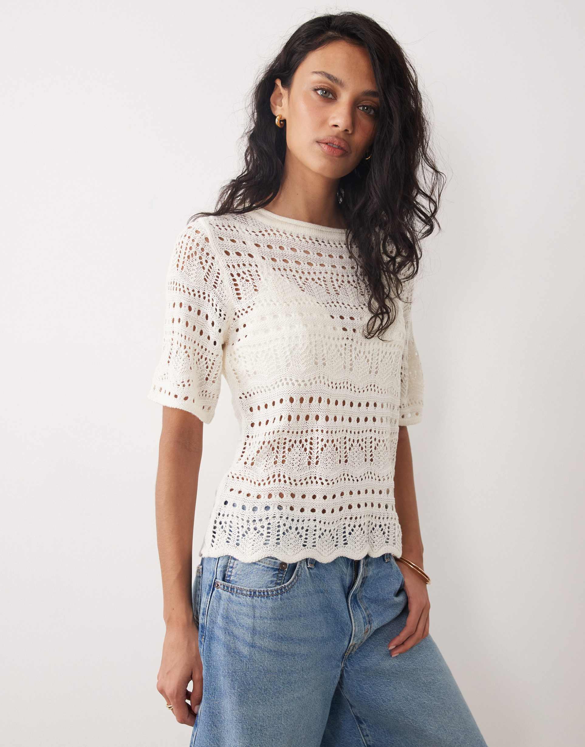 jdy crochet open knit half sleeve top in cream