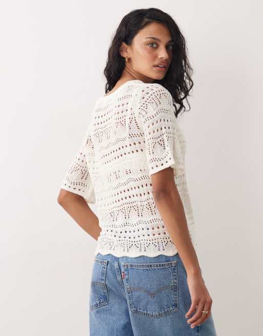 JDY crochet open knit half sleeve top in cream, 2 of 4