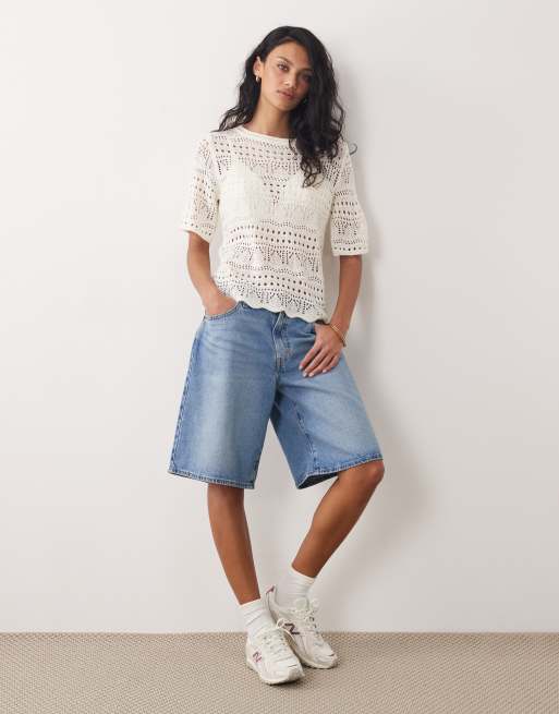 JDY crochet open knit half sleeve top in cream, 3 of 4