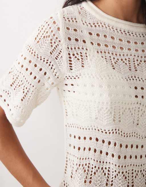 JDY crochet open knit half sleeve top in cream, 4 of 4
