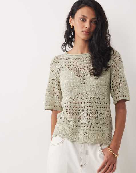 JDY crochet open knit half sleeve top in sage - view 1