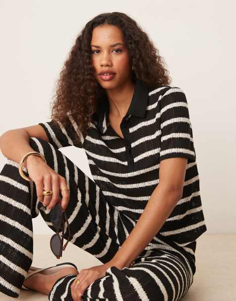 JDY crochet polo co-ord in black & white stripes - view 1