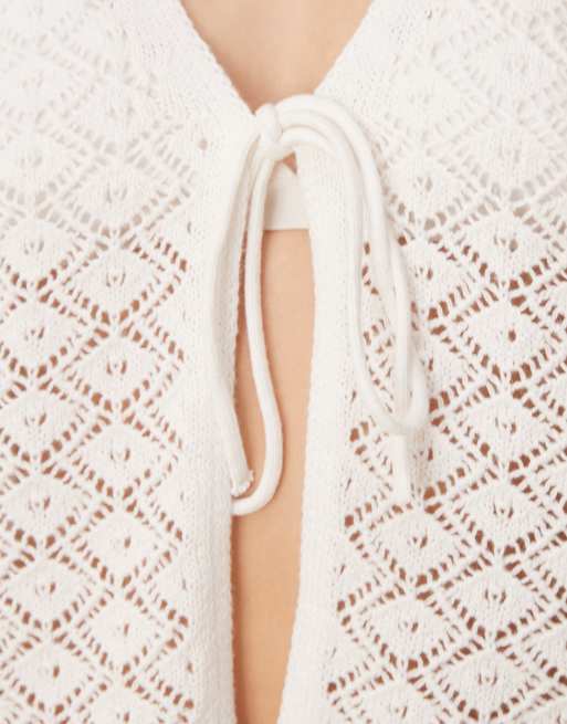 JDY crochet sleeveless tie front top in white, 3 of 4