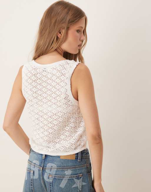 JDY crochet sleeveless tie front top in white, 4 of 4